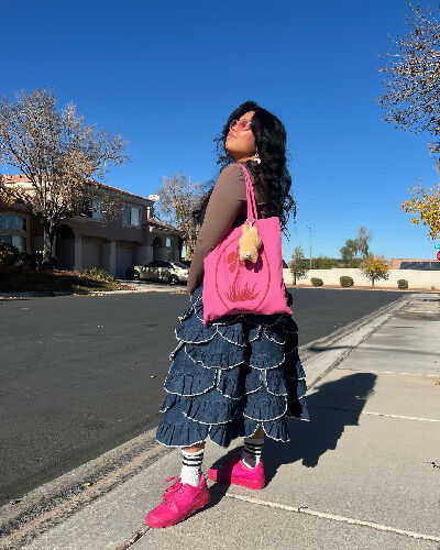 Blooming Era Tote | Pink tote with brown puff ink