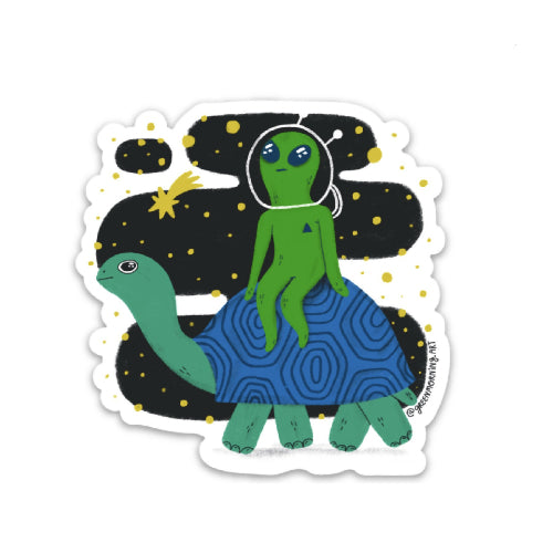 Alien on Tortoise(not all those who wander) Sticker