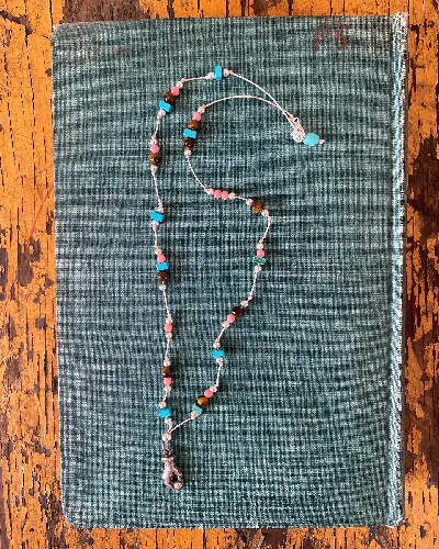 Handmade necklace with vintage charm/pink coral/turquoise/jasper/sterling silver