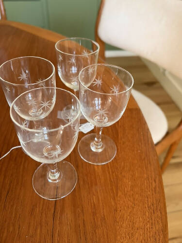 1950s etched stardust cordial glasses set of two