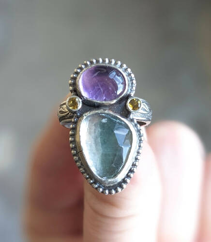 Flourite/Amethyst/Tourmaline Ring Size 6.5