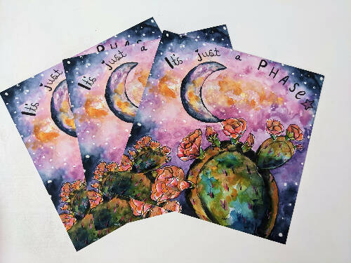 It's Just a Phase 8x8 Moon and Cactus watercolor print