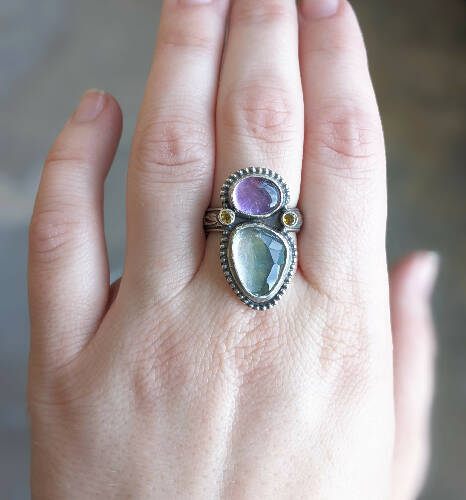 Flourite/Amethyst/Tourmaline Ring Size 6.5