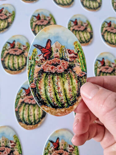 Barrel Cactus and Butterfly Vinyl sticker and decal size 3x2"