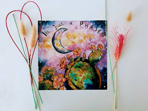 It's Just a Phase 8x8 Moon and Cactus watercolor print