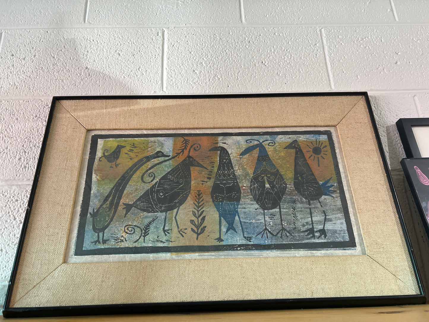 Vintage art wood block print with birds framed