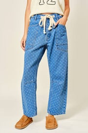 Polka Dot Denim Barrel Pants by Aaron & Amber