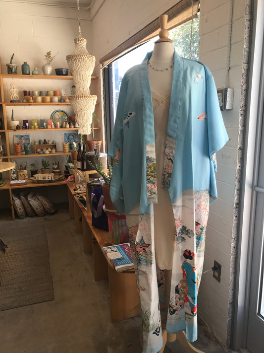 Japanese Baby Blue Geisha & Butterfly Kimono