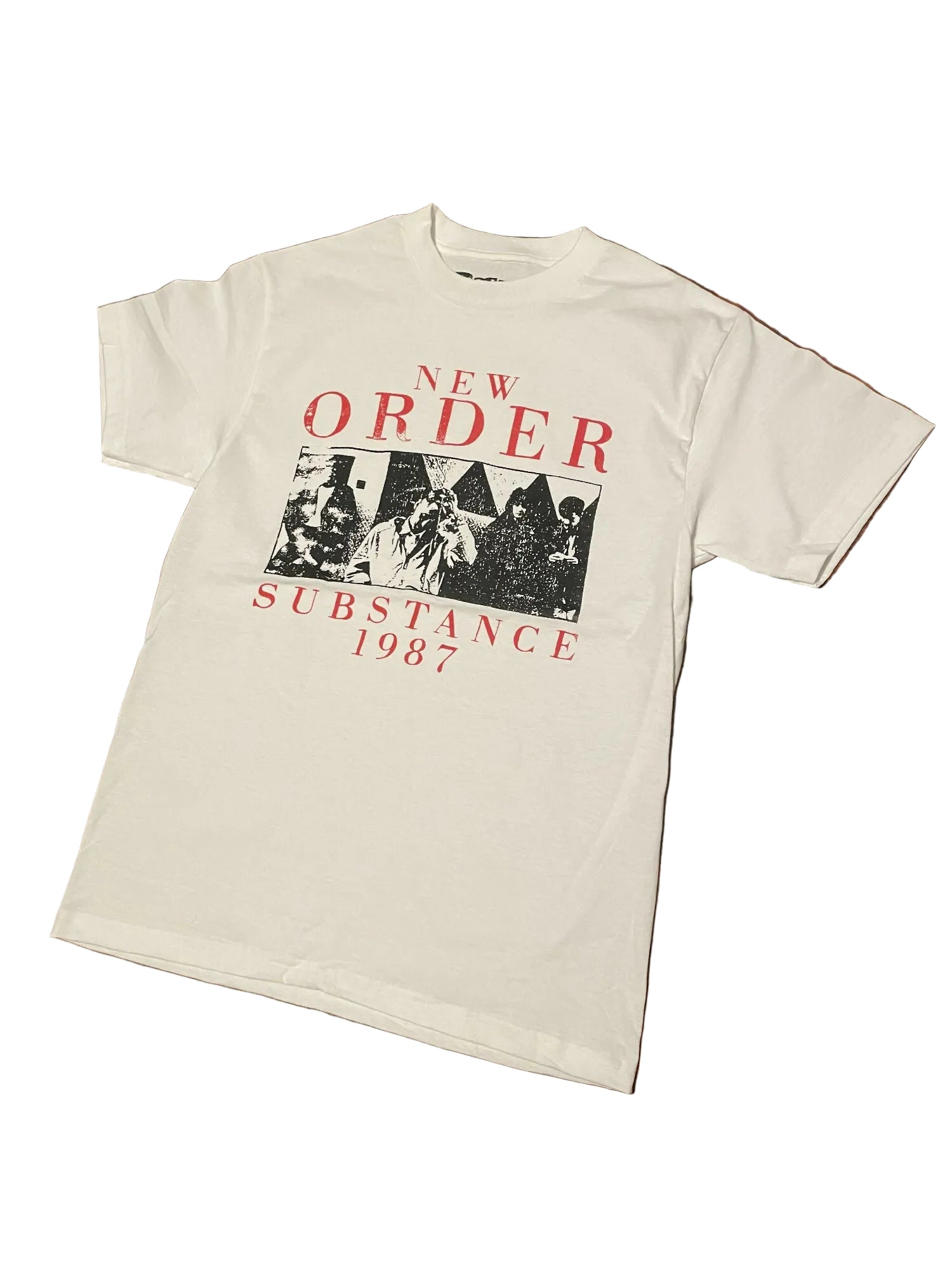 White t-shirt with 'New Order Substance 1987' graphic 