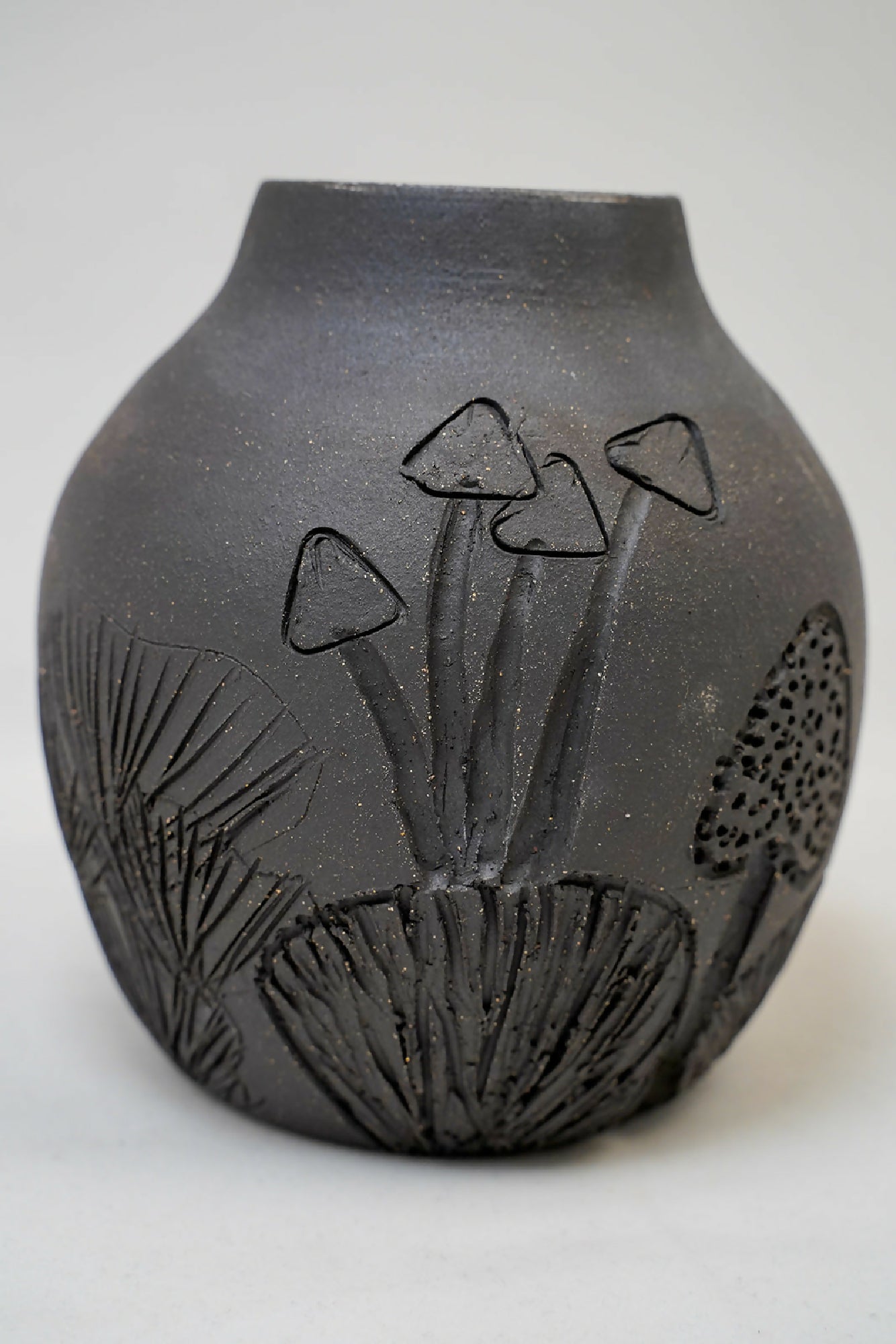 Handmade Black Ceramic Carved Mushroom Vase – 5"