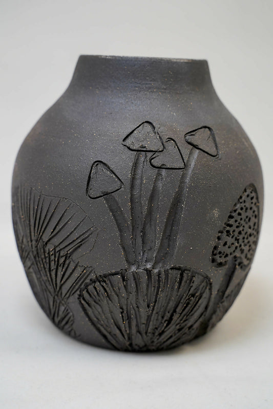 Handmade Black Ceramic Carved Mushroom Vase – 5"