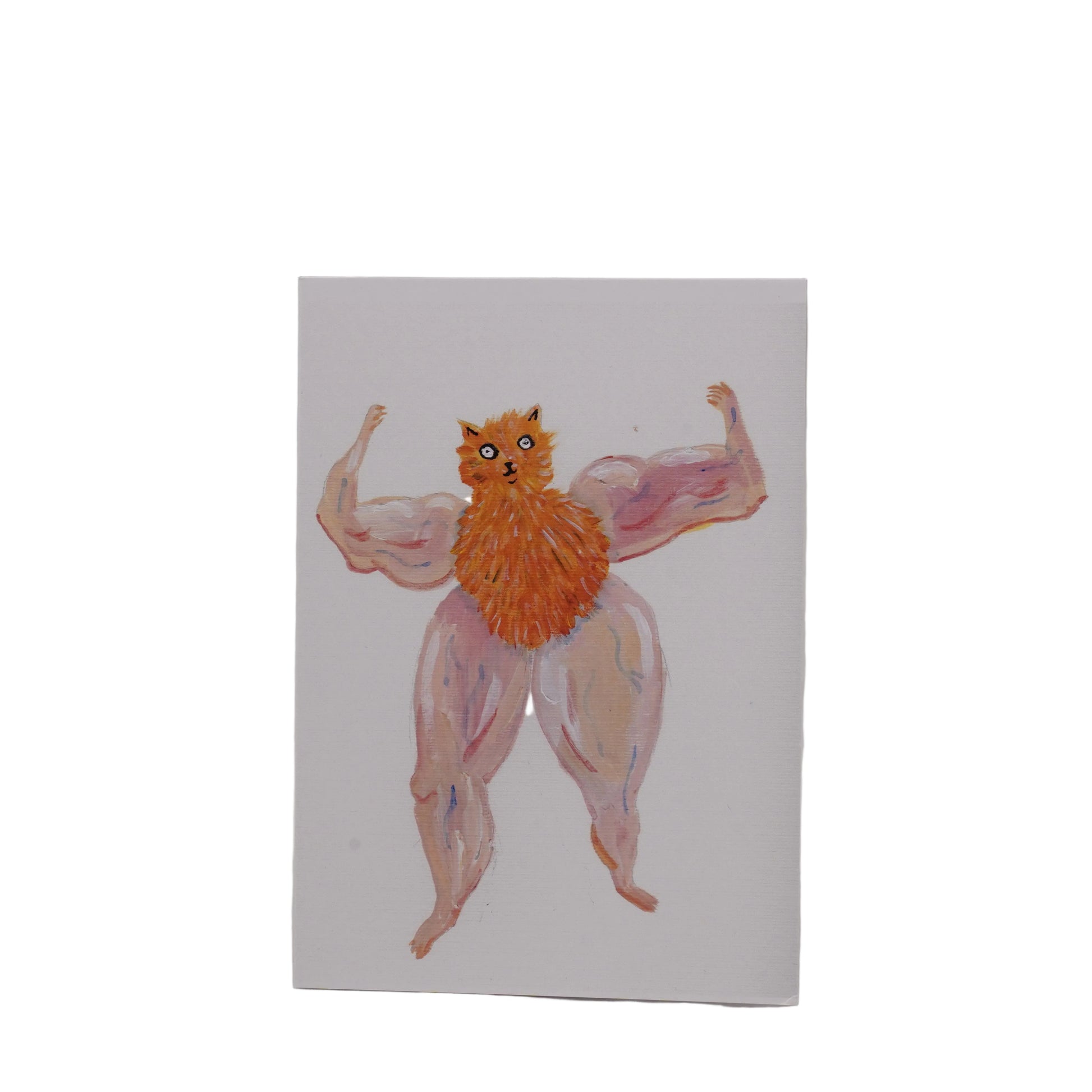 Greeting card with a cartoon character of a lion with a muscular body on a white background