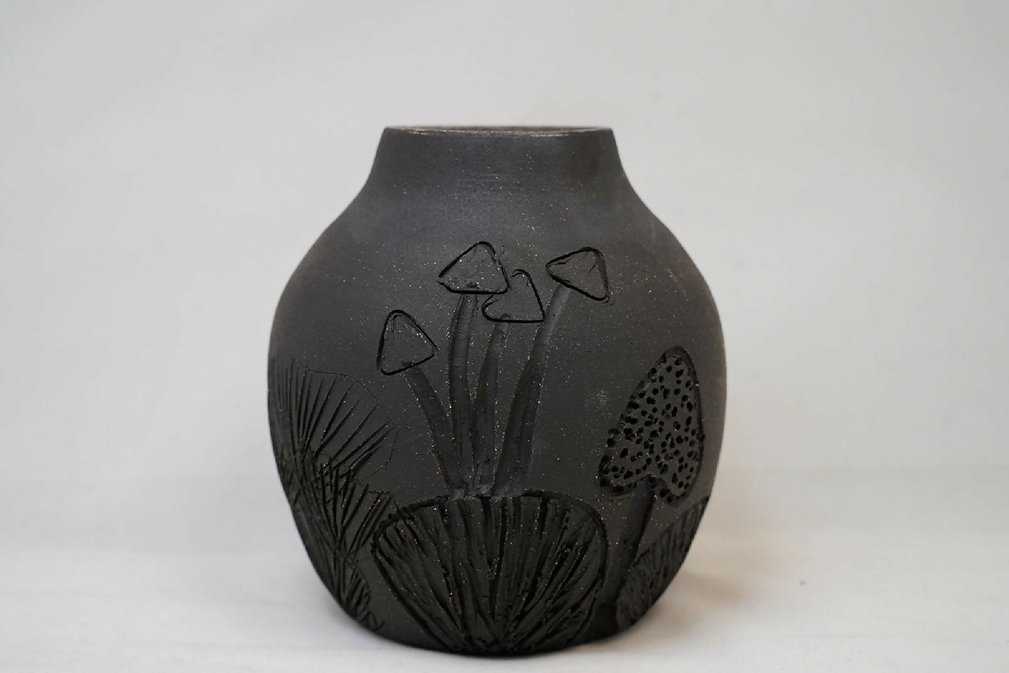 Handmade Black Ceramic Carved Mushroom Vase – 5"
