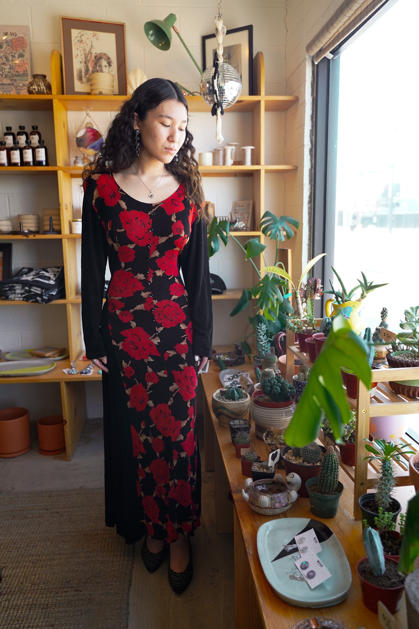 90’s “Design 36” Black & Red Floral Maxi Dress
