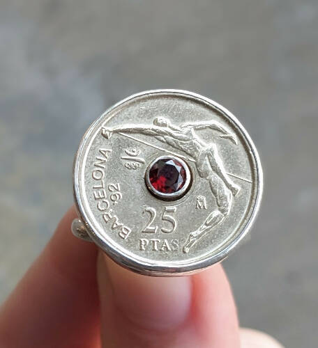 Coin and Garnet Size 9.25 Ring