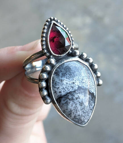 Garnet and Dendritic Agate Ring Size 9.5