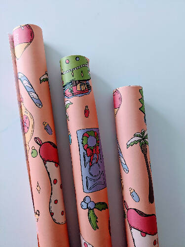 Vibrant Neon and Pastel Christmas 20"x29" Wrapping Paper with Pink Flamingos, Palm Trees, & Gingerbread ladies - Set of Three Pieces