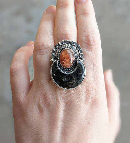 Sunstone and Nuumite Ring, Size 9
