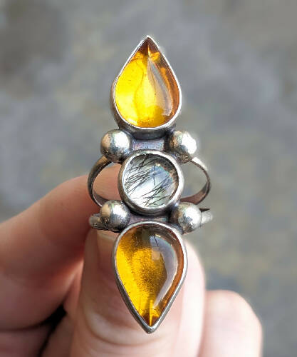 Dbl Amber and Rutile Quartz Ring Size 8