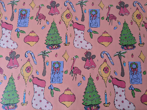 Vibrant Neon and Pastel Christmas 20"x29" Wrapping Paper with Pink Flamingos, Palm Trees, & Gingerbread ladies - Set of Three Pieces
