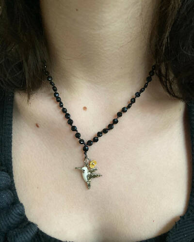 Hummingbird necklace/vintage charm/agate/sterling silver
