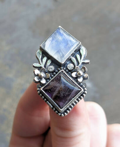 Square Amethyst and Square Moonstone Ring, Size 10