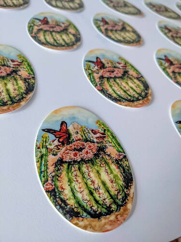 Barrel Cactus and Butterfly Vinyl sticker and decal size 3x2"