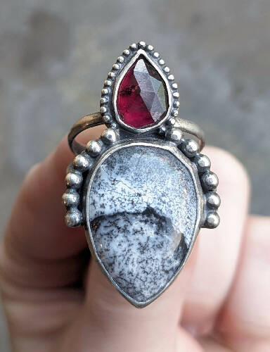 Garnet and Dendritic Agate Ring Size 9.5
