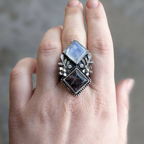 Square Amethyst and Square Moonstone Ring, Size 10