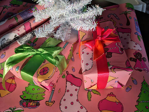 Vibrant Neon and Pastel Christmas 20"x29" Wrapping Paper with Pink Flamingos, Palm Trees, & Gingerbread ladies - Set of Three Pieces