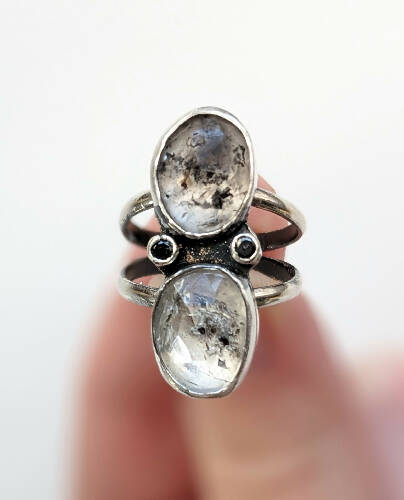 Double herkimer diamond and black onyx ring size 5.5