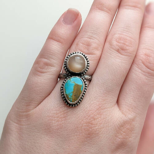 Peach moonstone and turquoise ring size 6