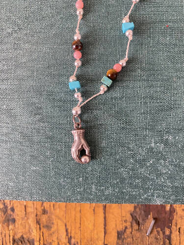 Handmade necklace with vintage charm/pink coral/turquoise/jasper/sterling silver