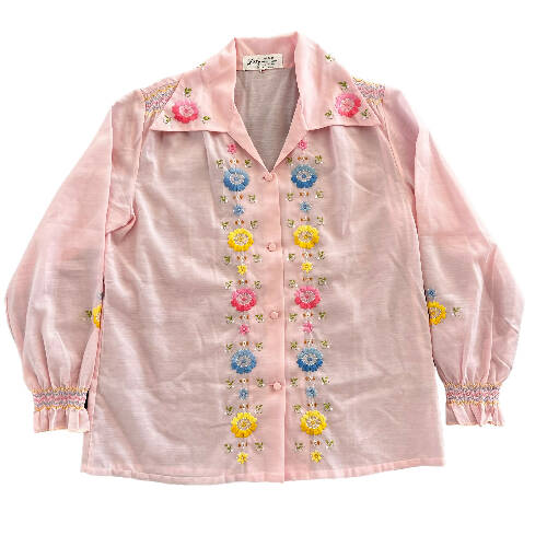 70's Lily Pink Floral Embroidered Button Up